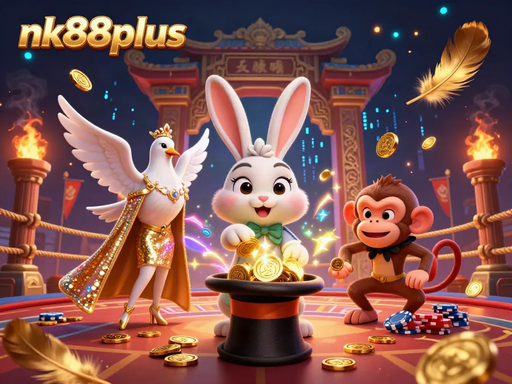Engage with exciting rewards at nk88plus featuring a magical rabbit, poker chips, and golden coins in a dynamic casino setting.
