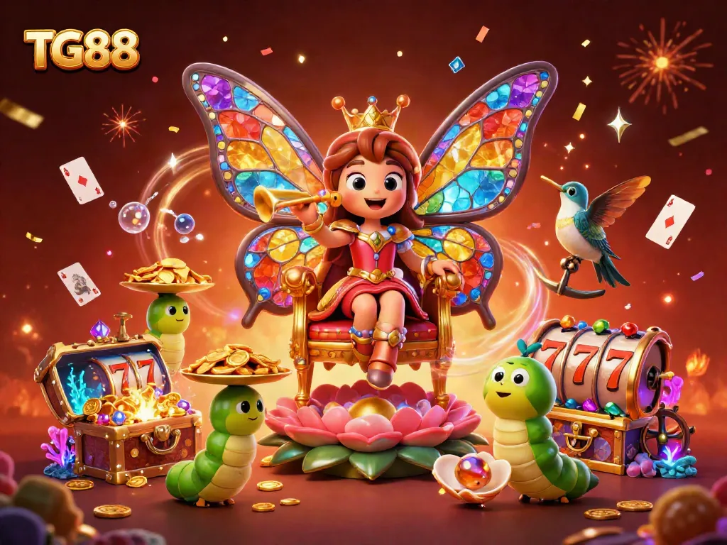 Experience the excitement of TG88 with a vibrant casino scene showcasing a butterfly queen and dynamic gaming elements.