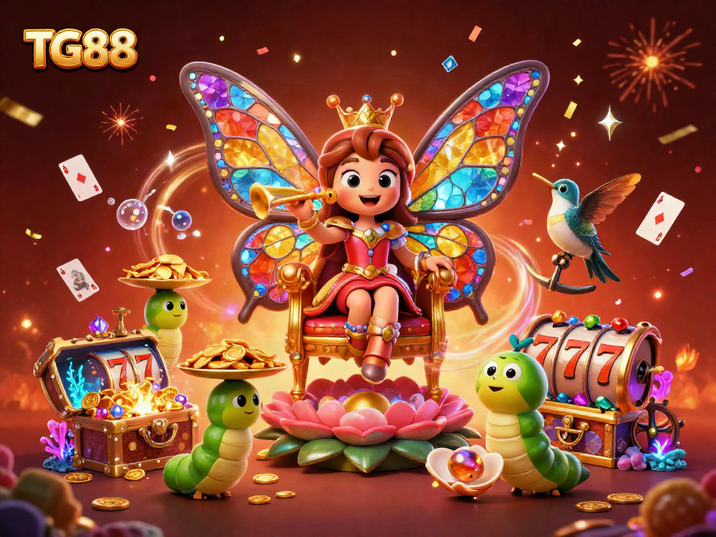 Experience the excitement of TG88 with a vibrant casino scene showcasing a butterfly queen and dynamic gaming elements.