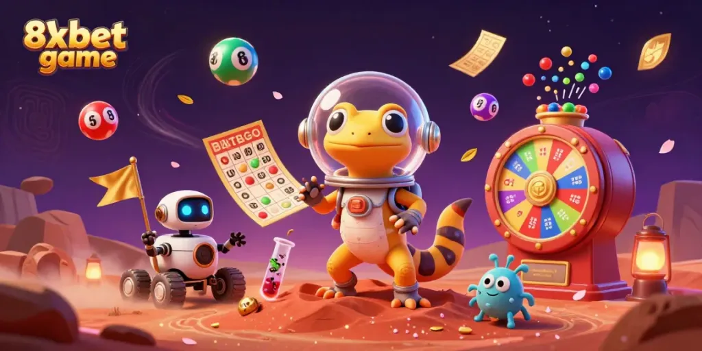 Play the exciting 8xbet game with vibrant lottery elements and animated characters in a dynamic casino scene.