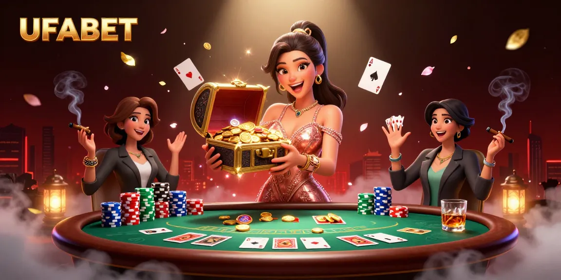 Experience the thrill of UFABET with a stunning illustration showcasing a glamorous treasure chest and poker elements.