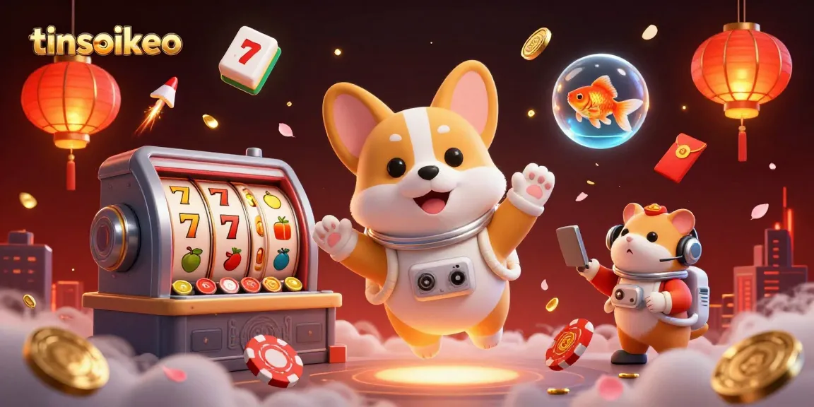 Engage with tinsoikeo's vibrant 3D space casino scene featuring a floating corgi, exciting slot reels, and rich details.