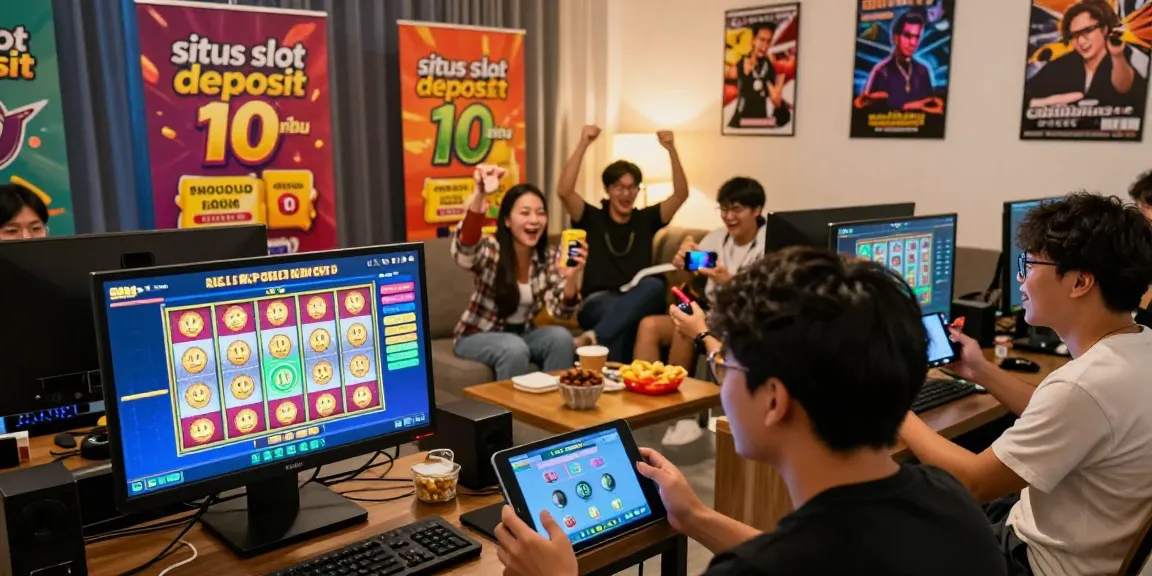Exciting gaming scene showcasing friends using situs slot deposit 10 ribu for online slots, celebrating wins.