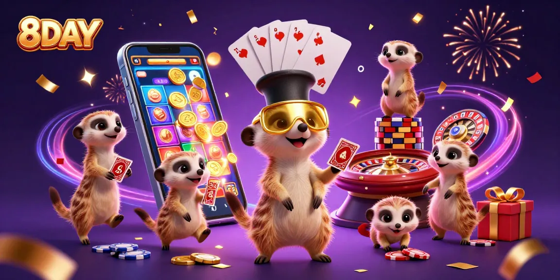 Experience thrilling casino fun with 8DAY's vibrant meerkat characters in a dynamic gaming scene.