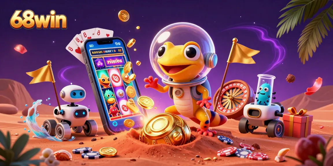 Experience the thrill of 68win in a festive Martian casino filled with exciting games and decorations.
