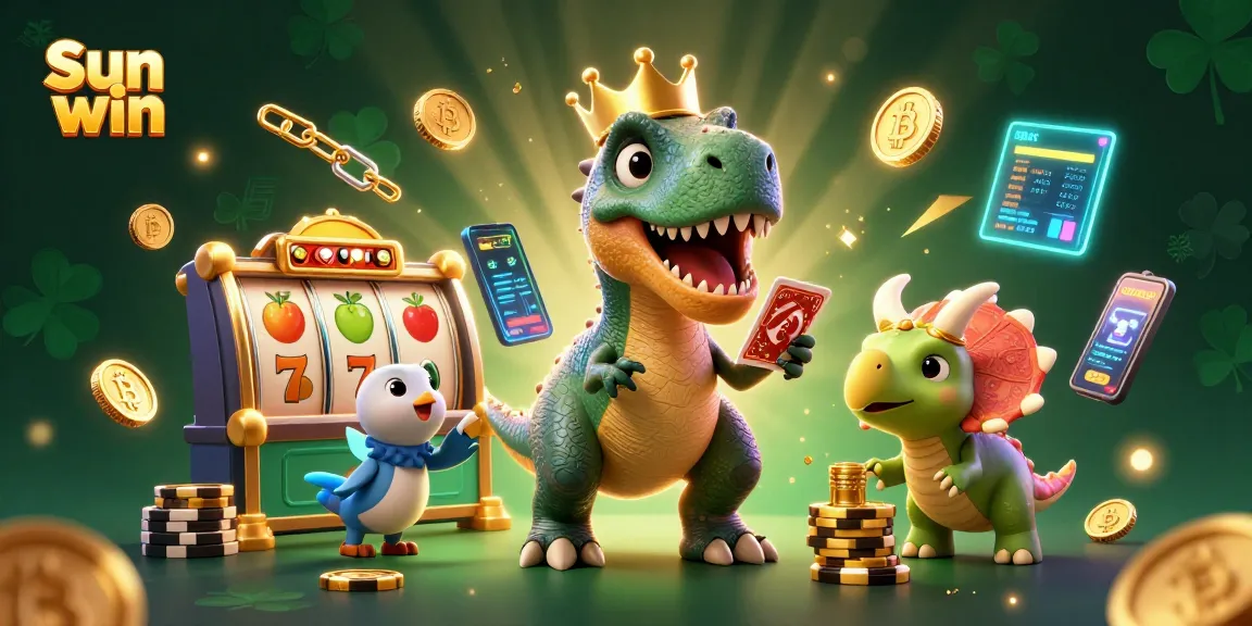 Experience the excitement of Sun win with a cartoon T-Rex shuffling cards and a baby triceratops stacking chips amid vibrant casino elements.
