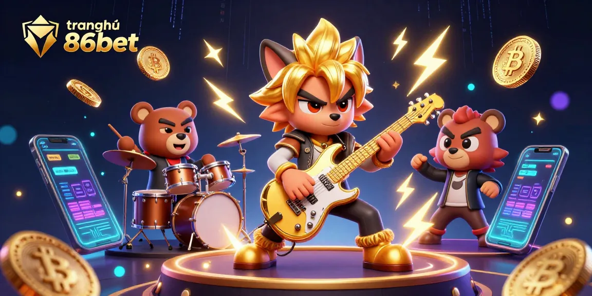 Engage with the thrilling atmosphere of trang chủ 86bet as a rock star wolf plays on stage amidst a vibrant casino scene.