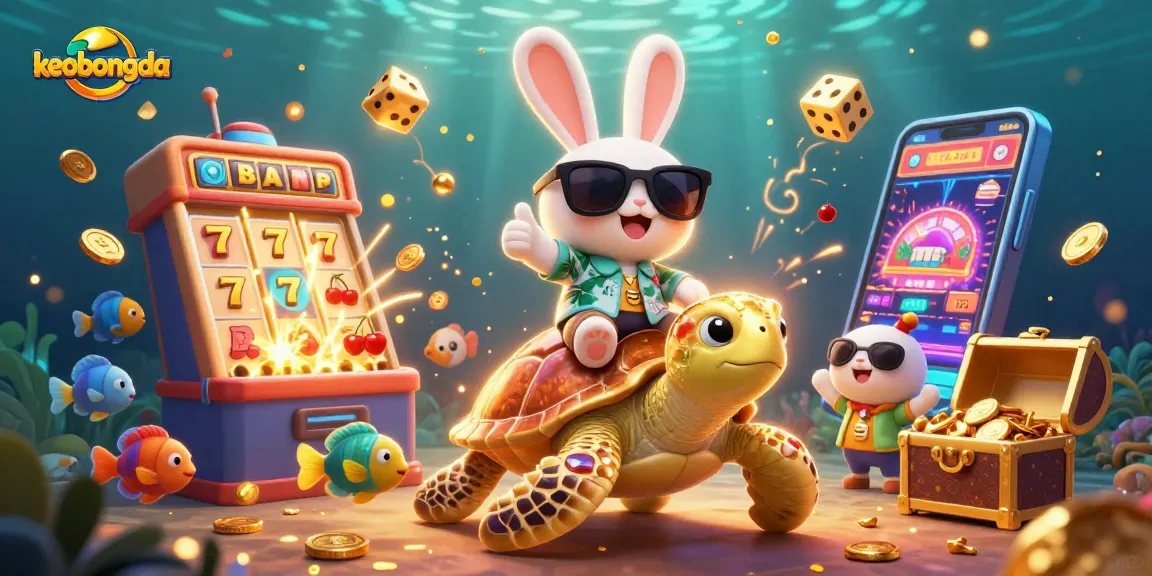 Experience thrilling keobongda action with a lucky rabbit and golden sea turtle in a vibrant casino scene.