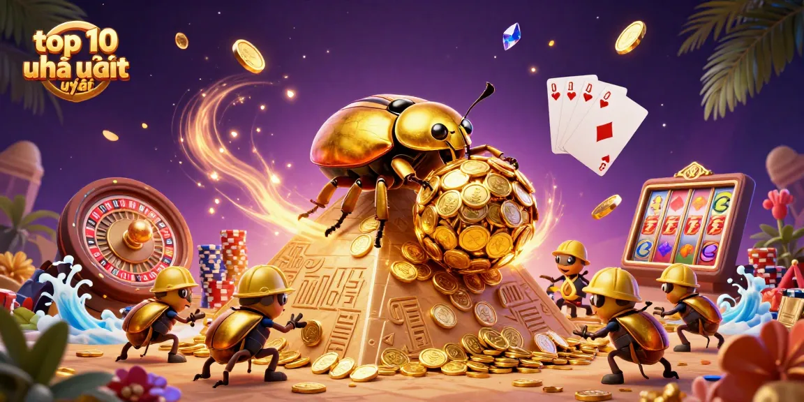 Experience the excitement of top 10 nhà cái uy tín as a golden dung beetle rolls coins amidst vibrant casino elements.