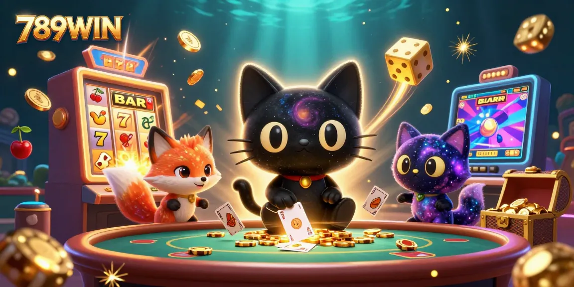 Join the excitement at 789WIN as a cosmic cat charms with chips and cards in a dynamic casino scene.