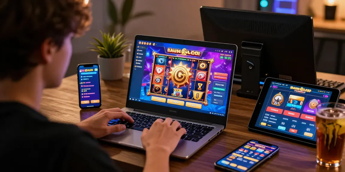 Player engaging with slot gacor games on laptop in a vibrant gaming setup.