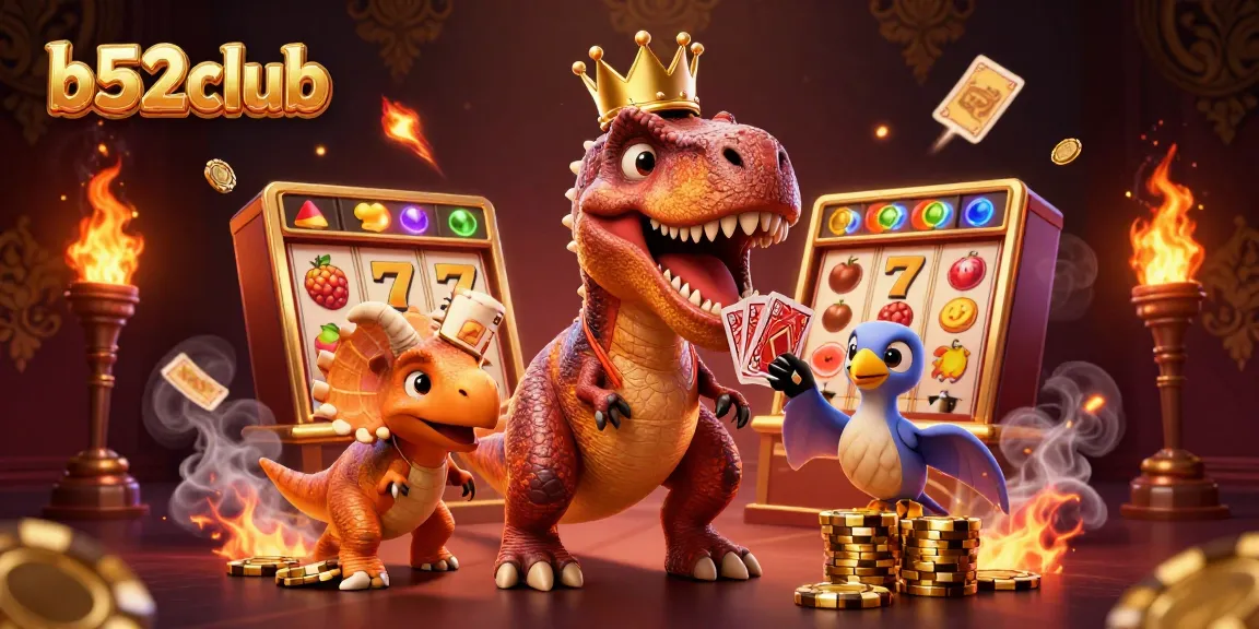 Experience thrilling gameplay at b52club with a friendly T-Rex and exciting slot elements in a vibrant casino scene.