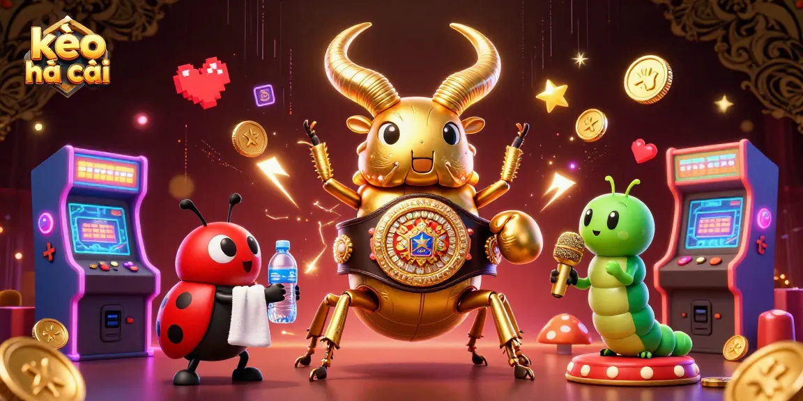 Bettors enjoy the thrilling action of kèo nhà cái with gambling strategies illustrated by a vibrant scene featuring a golden stag beetle boxing champion.
