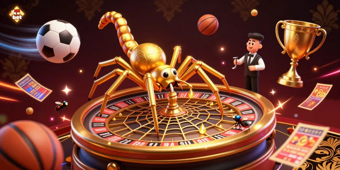 Place bets with ku bet at a vibrant online casino scene featuring a golden spider and a centipede croupier