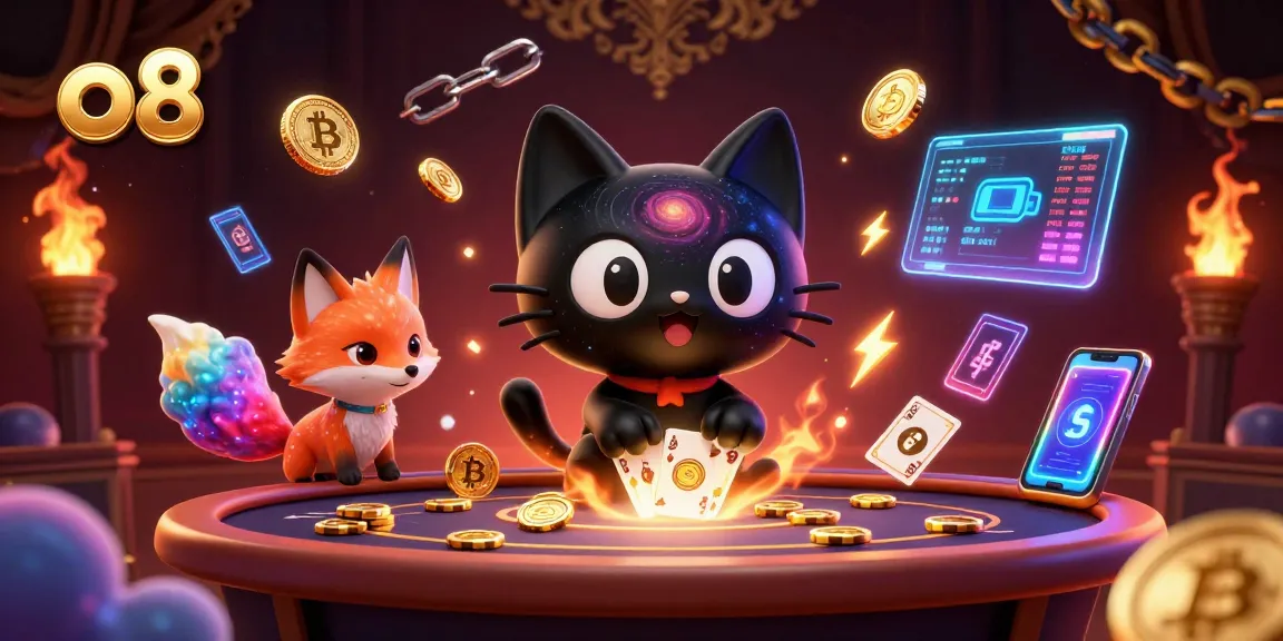 Experience the thrill of o8 as a black hole cat pulls in golden chips at a vibrant cosmic casino.