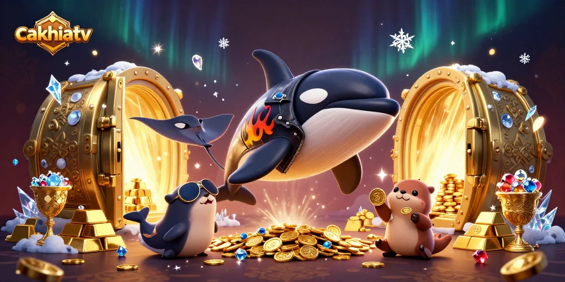 Cakhiatv enhances the thrill with cartoon whale and stingray in a dynamic gambling scene surrounded by treasure.