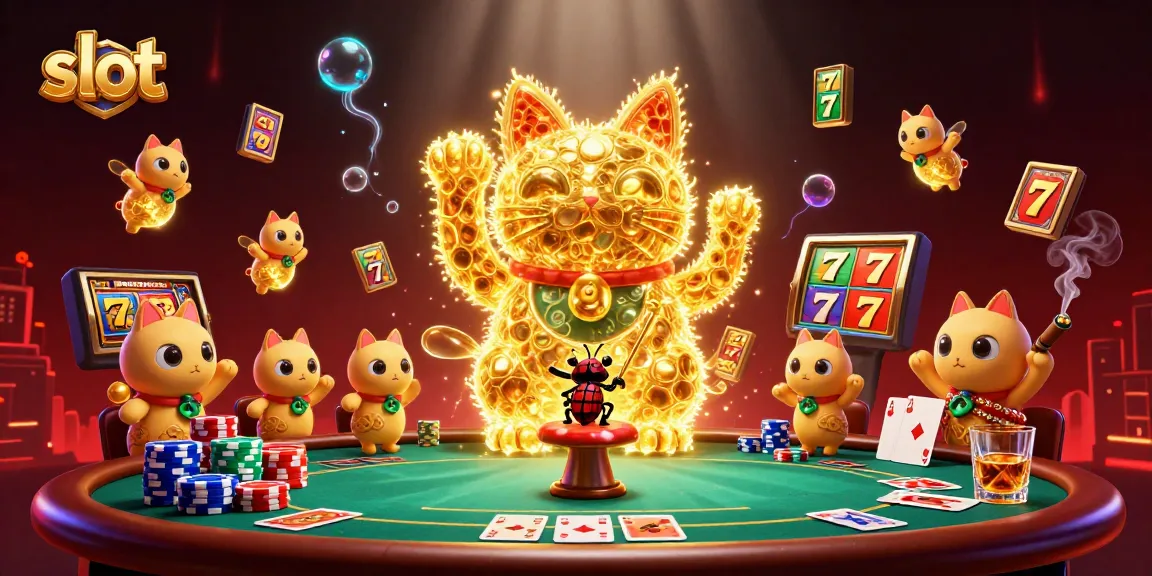 Spin slot reels with golden fireflies and a lucky cat in a vibrant casino art scene.