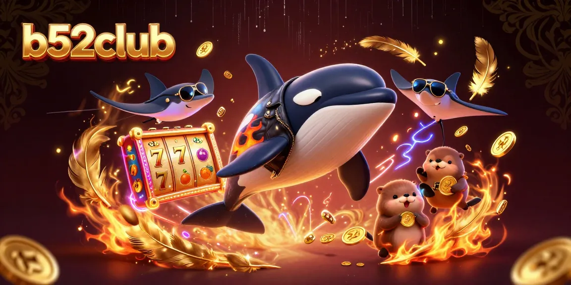 Bets with b52club come alive as a playful orca and otters celebrate winning golden coins in an exciting casino scene.