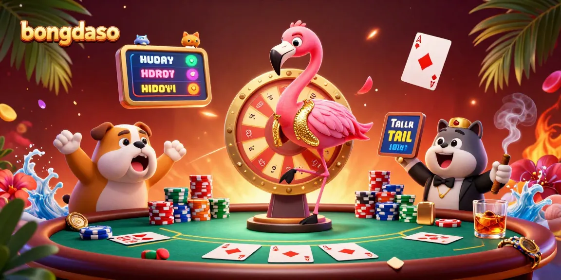 Bongdaso casino scene featuring a flamingo host, bulldog contestant, and cat assistant amidst lively poker elements.