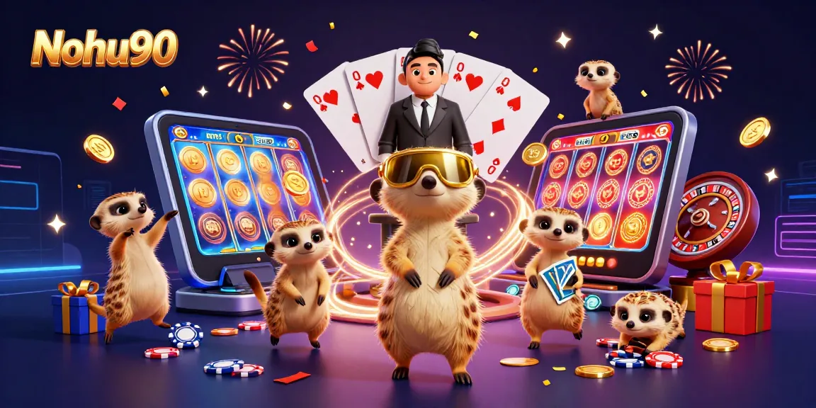 Nohu90 meerkats engage in casino success with colorful slots, coins, and festive elements.