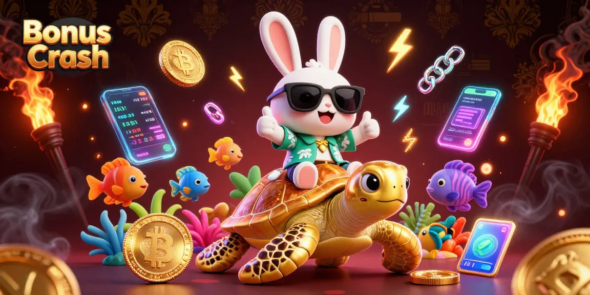 Experience Bonus Crash as you watch a lucky rabbit and turtle collect crypto in this vibrant scene.