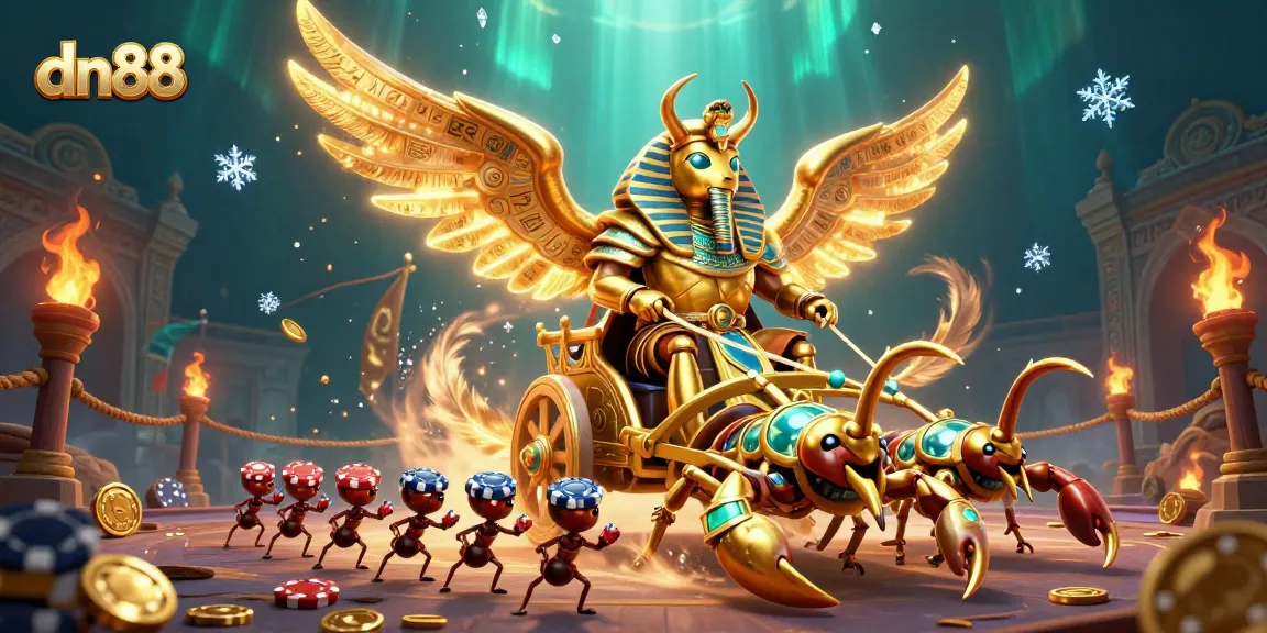 Engage in thrilling casino adventures with dn88, featuring a colossal golden scarab and poker chip soldiers.