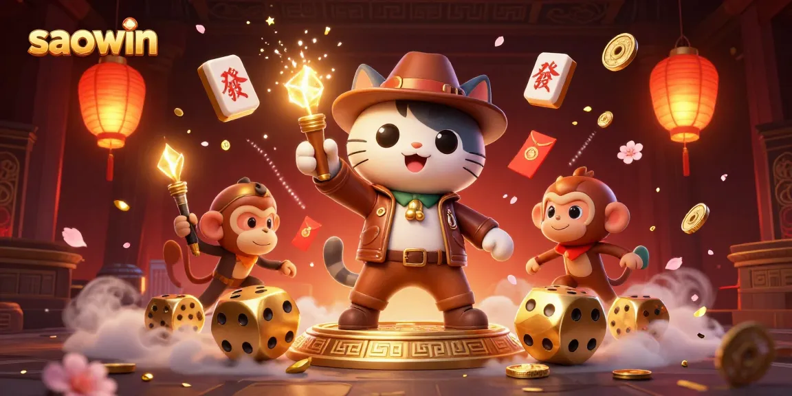 Experience winning at saowin with a 3D cartoon illustration of a cat archaeologist uncovering a golden casino artifact.