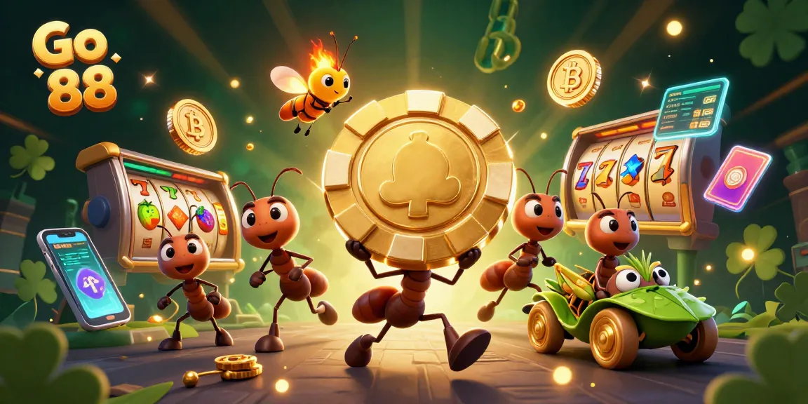 Capture the excitement of Go 88 with cartoon ants carrying a huge poker chip through a vibrant casino scene.