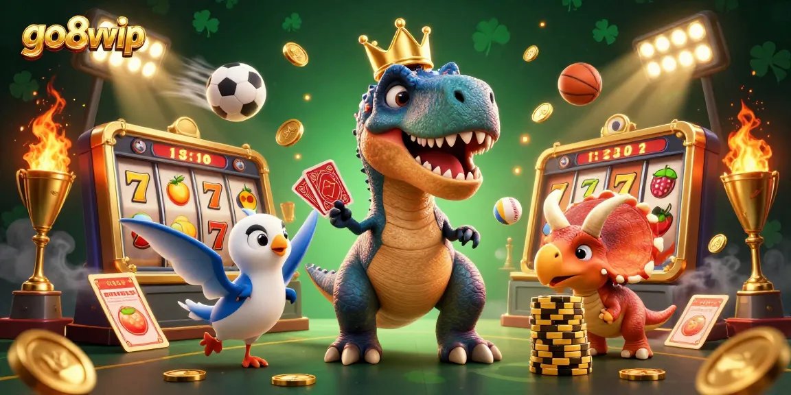 Experience the excitement at go8vvip with a fun 3D T-Rex and friends engaging in thrilling casino action.