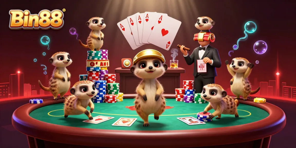 Engage in exciting gameplay at Bin88 with a lively meerkat casino scene showcasing dynamic action.