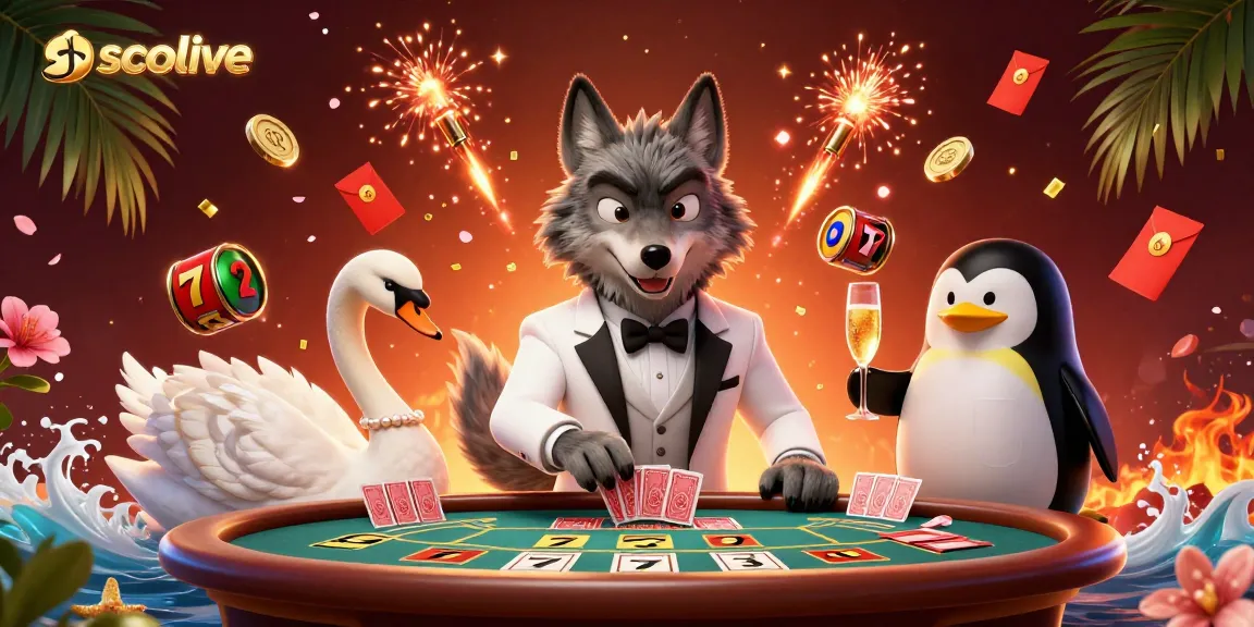 Socolive features an exciting illustration with a casino scene showcasing a debonair wolf and an elegant swan playing cards.