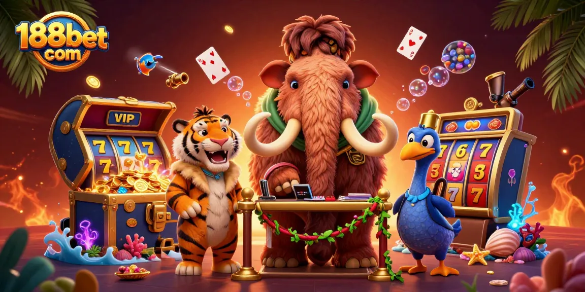 Experience the excitement of 188bet com with a vibrant casino scene, including a woolly mammoth bouncer and treasures.