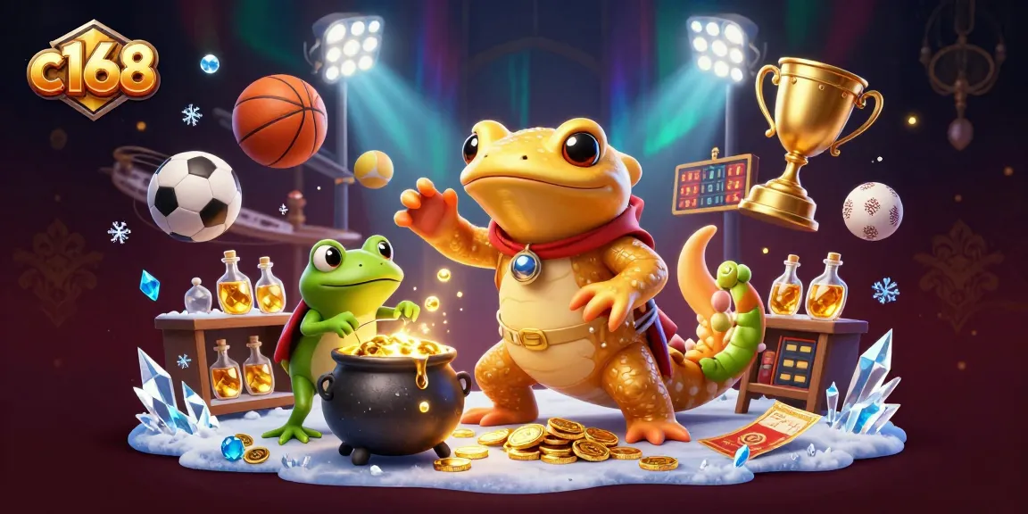 Experience thrilling gaming at c168 with vibrant digital gambling illustration featuring golden alchemist and sports balls.
