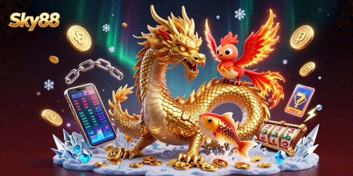 Engage with thrilling slots and casino action featuring Sky88 in this vibrant 3D illustration.