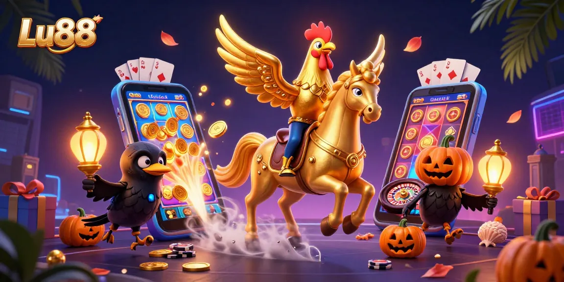 Lu88 showcases thrilling gaming dynamics with a golden rooster and casino elements to engage players.