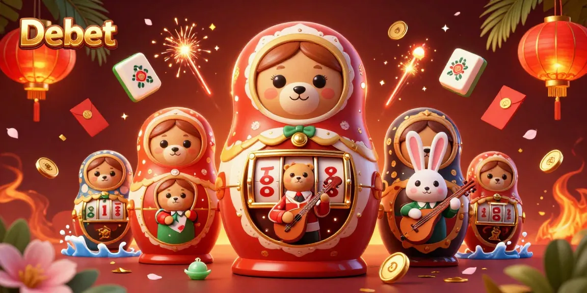 Engage with Debet through a vibrant casino illustration featuring bears and slot machines.