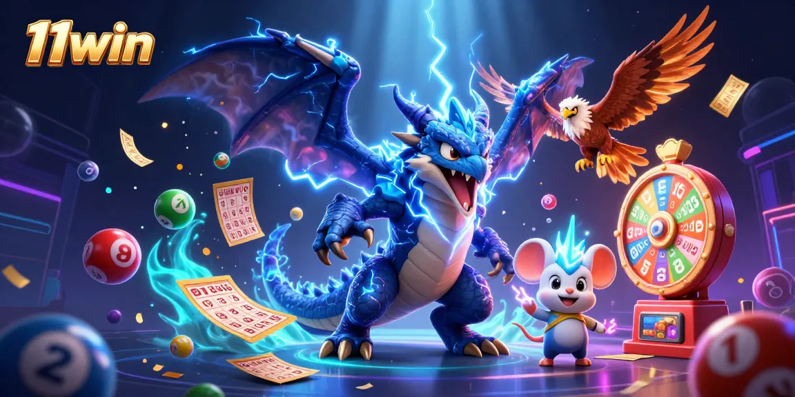 11win displays a captivating 3D dragon and hawk in a vibrant casino scene filled with excitement.