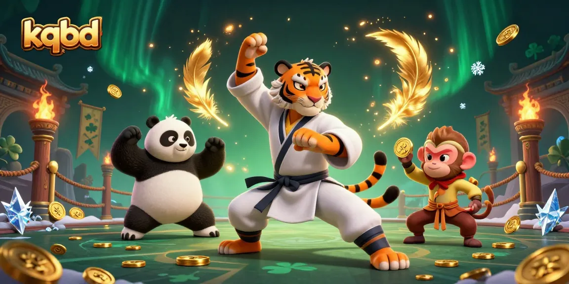 KQBD platform featuring a kung fu tiger master, panda disciple, and a monkey student engaging in a dynamic gambling scene.