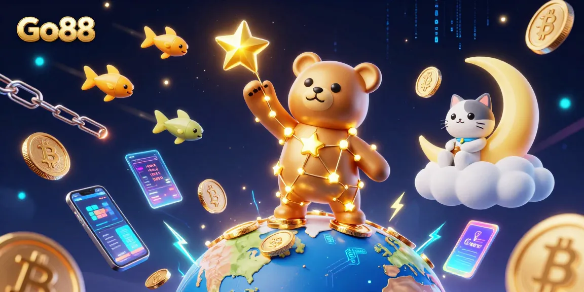 Engage with Go88's vibrant gaming universe, where the constellation bear scoops coins amidst 3D digital elements.