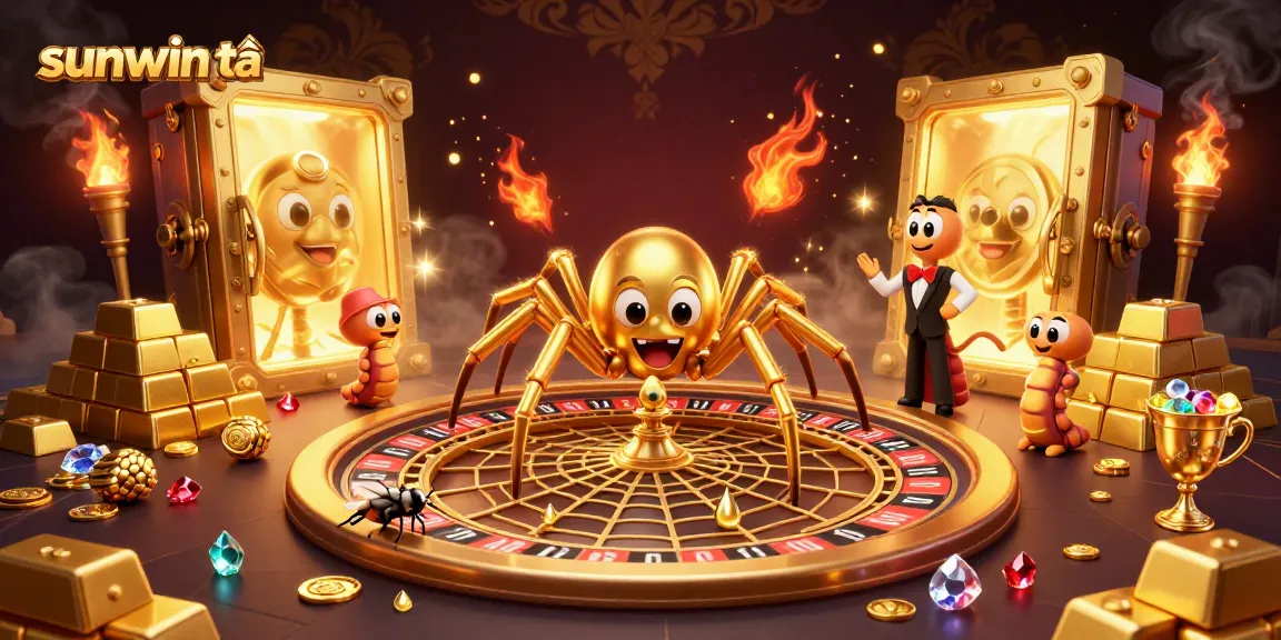 Engage with the sunwin tải gaming experience featuring a spider and croupier in a lavish casino scene.