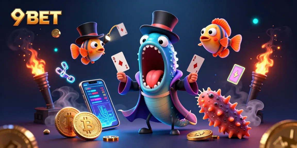 Enjoy thrilling card tricks with 9BET's dazzling underwater gambling illustration featuring luminescent sea creatures.