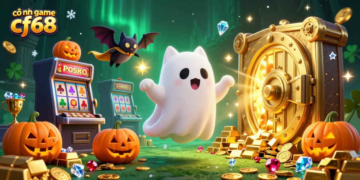 Explore exciting wins at cổng game cf68 with a ghost cat in a haunted casino theme, featuring vibrant 3D elements.