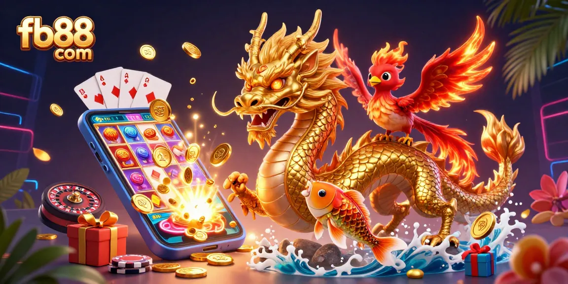 Experience exhilarating gameplay at fb88 com with a vibrant illustration of a dragon and phoenix in a casino setting.