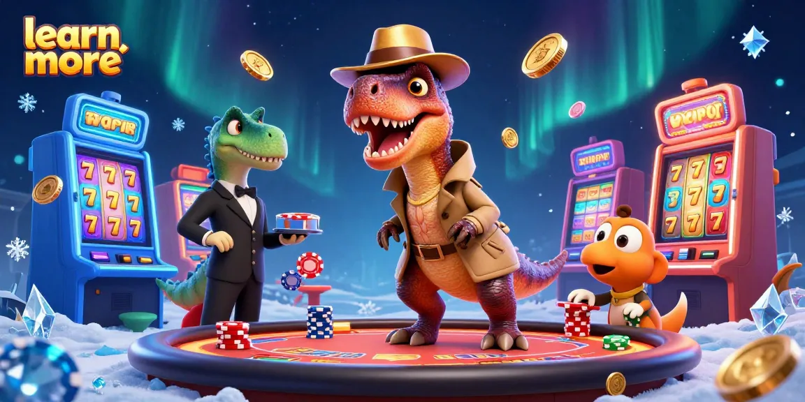 Experience vibrant casino action with "learn more" alongside a velociraptor card counter amidst flying gold coins.