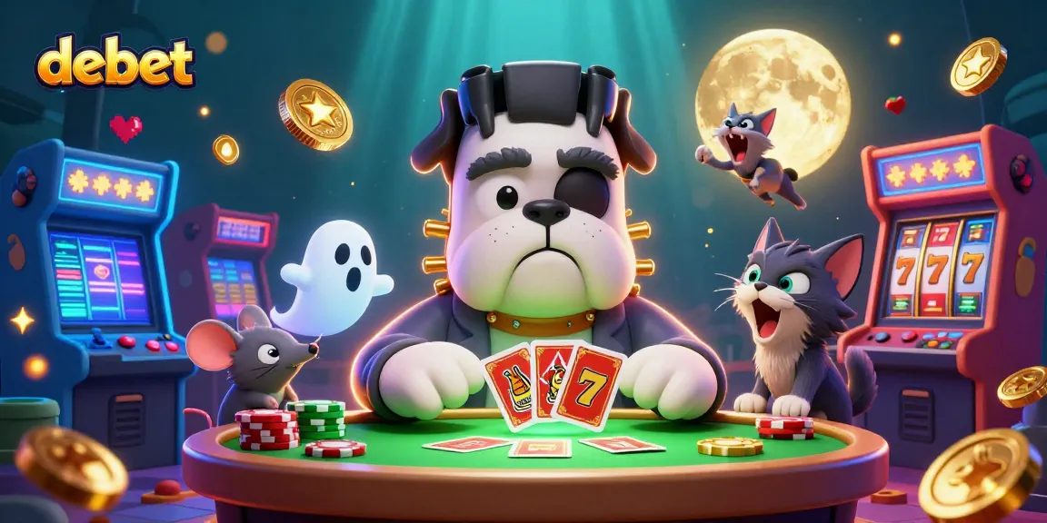 Experience debet gameplay with a lively cartoon scene of characters at a casino table.