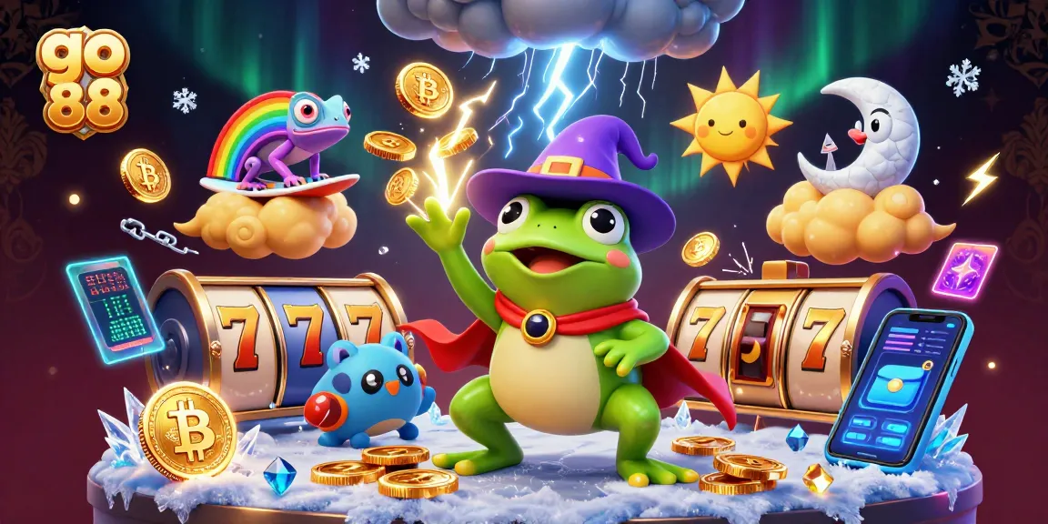 Win big at go 88 with a dazzling 3D casino scene showcasing playful characters amidst slot reels and golden coins.