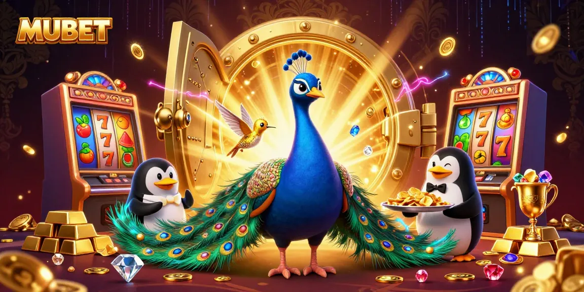 MUBET showcases a vibrant 3D casino scene with a peacock and treasures around slot reels.