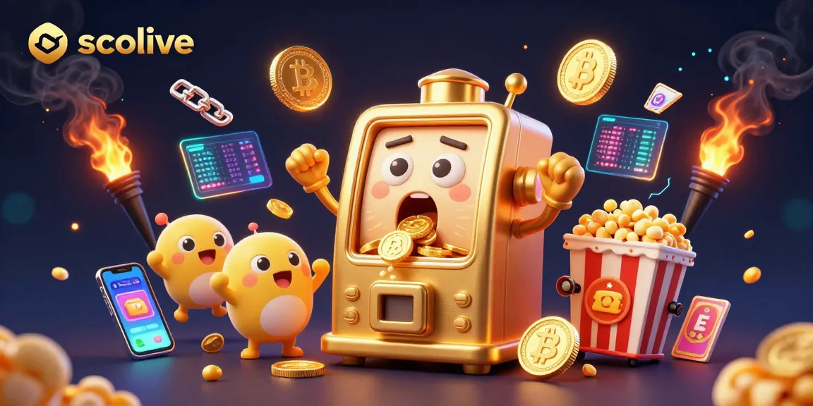 Socolive slot machine celebrates a jackpot amidst gold coins and crypto symbols, illustrating lively gambling action.