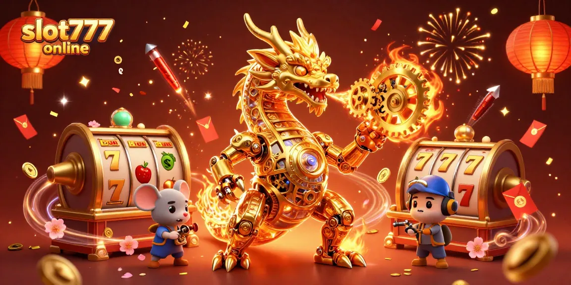 Experience excitement at slot777 online with a golden dragon, festive elements, and animated slot reels.