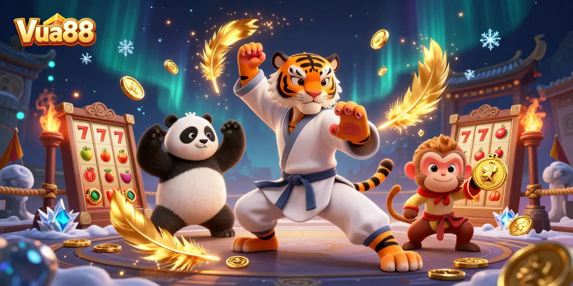 Experience thrilling moments with Vua88 as the kung fu master, panda disciple, and monkey student spark up the excitement in a vibrant casino